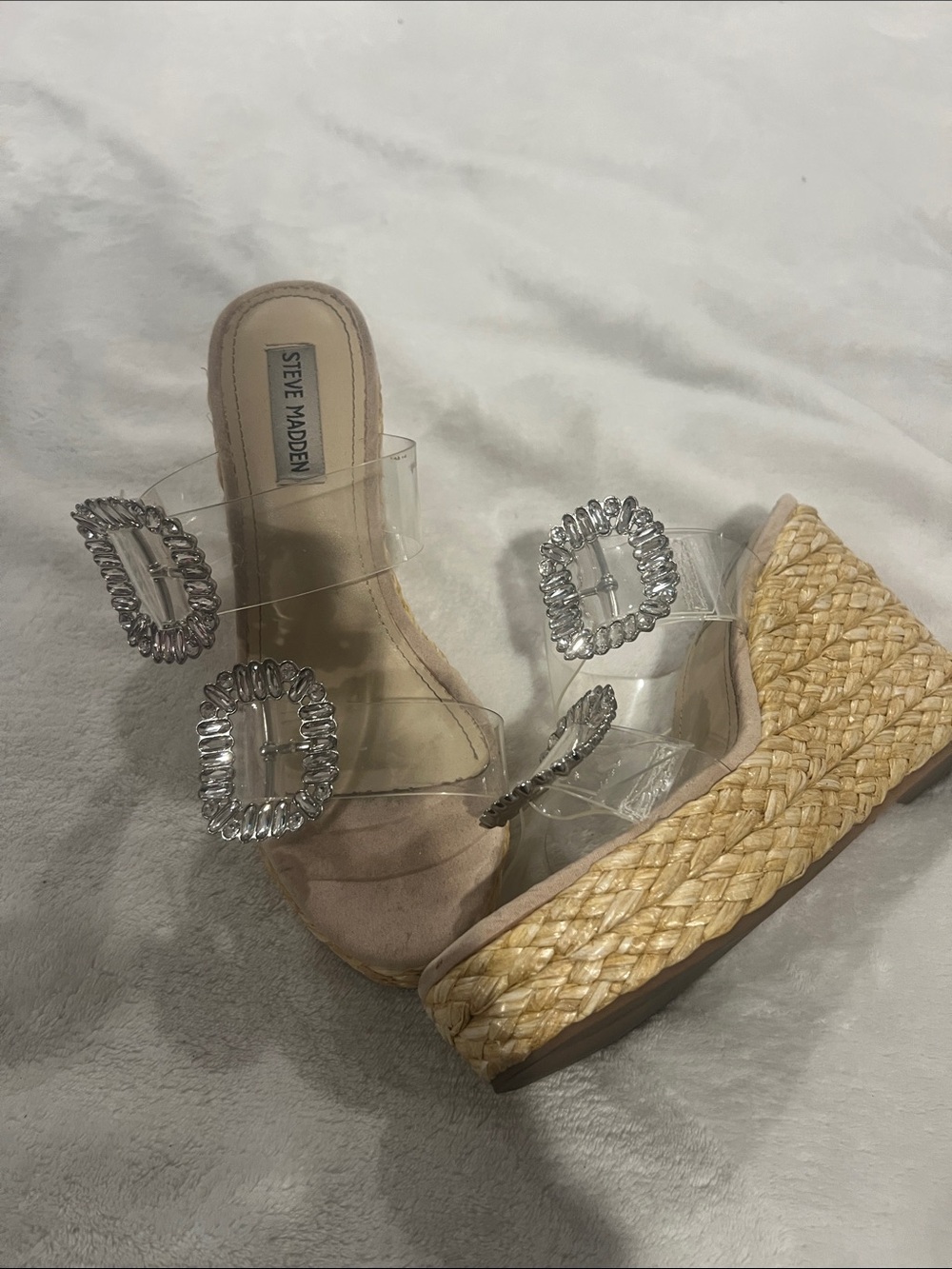 Steve Madden Clear Strap Wedge Sandals with Braided Natural Platform